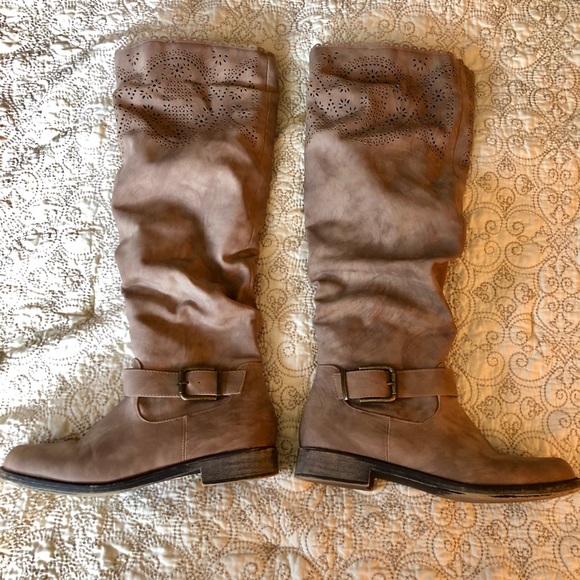 Tall Tan Cutout Buckle Boots - Picture 2 of 8
